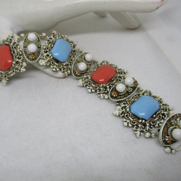 Vintage 1950s Enamel Celluloid Cabochon Section Bracelet Antiqued White Enamel - Picture 1 of 12